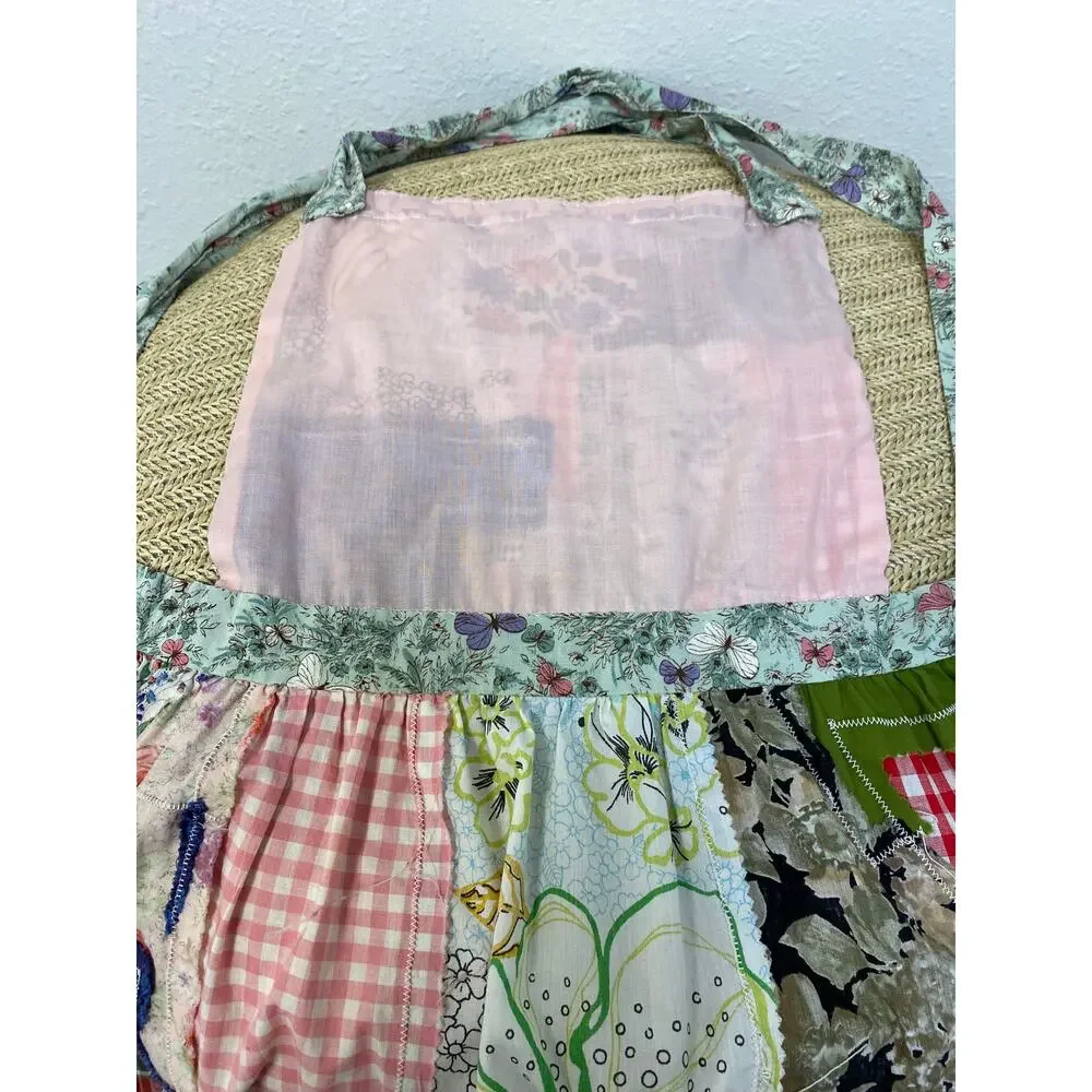 Vtg Handmade Patchwork Apron, Mixed Calico & Gingham, Lace Trim, Folk Art 1970s